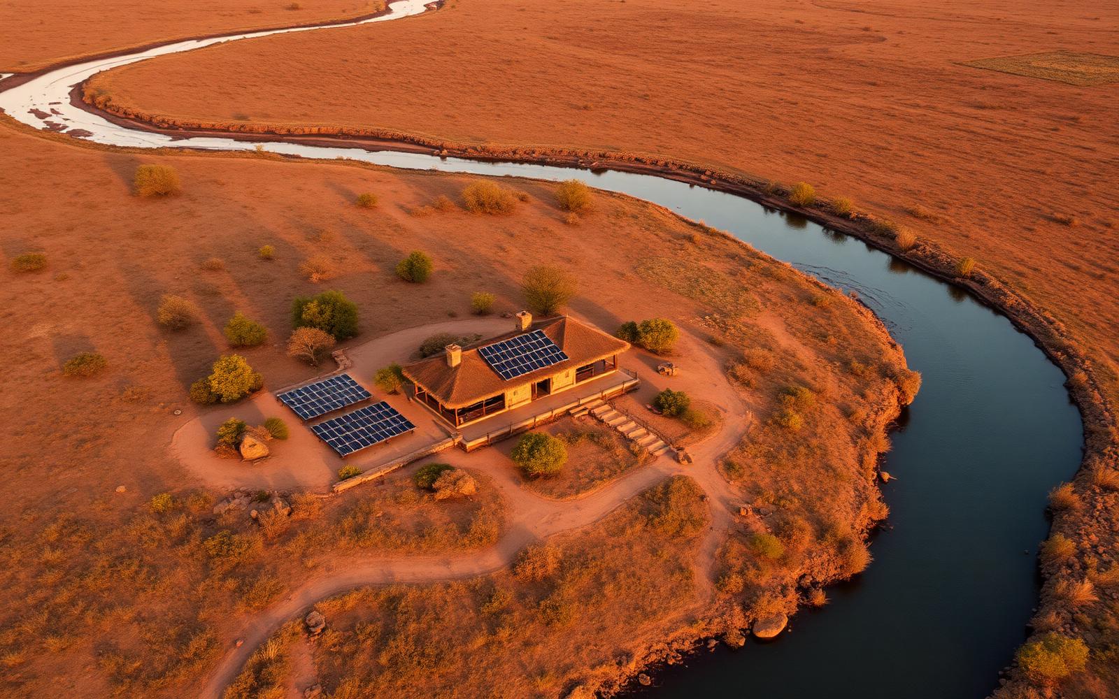 Aerial view of a remote off-grid safari lodge with solar arrays beside a river