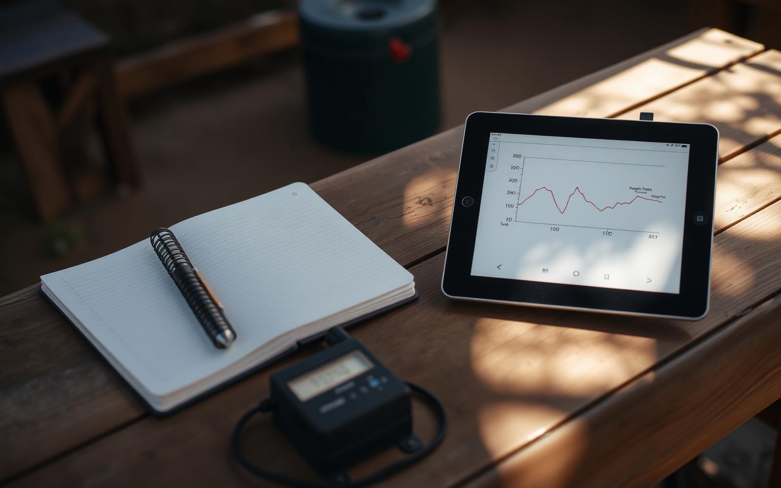 Field notebook, tablet chart and utility meter on a table at an off-grid safari camp