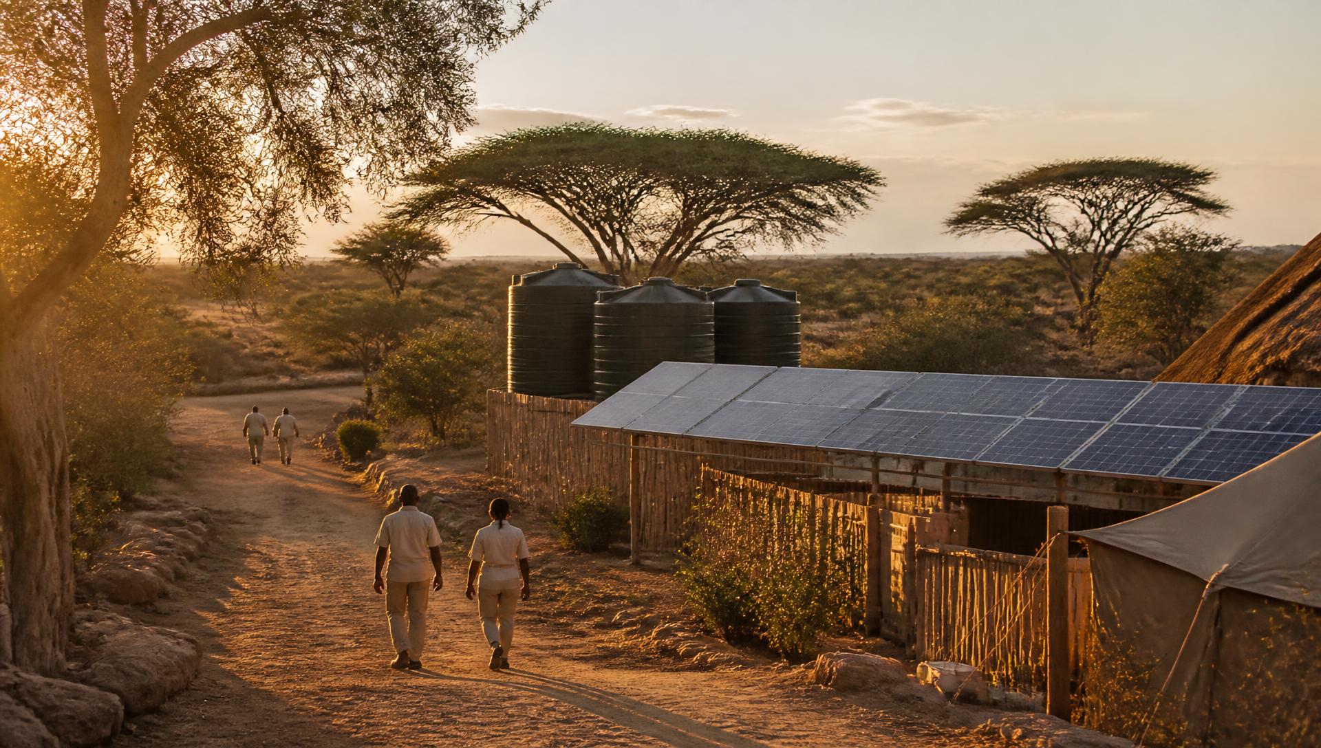 Solar array and water tanks behind an off-grid safari camp at golden hour